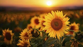 A field of sunflowers with a sun in the background. The sunflowers are in full bloom and the sun is setting, creating a warm and peaceful atmosphere photo