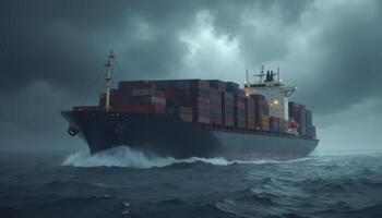 Large cargo ship is sailing in the ocean with bad weather photo