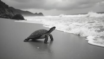 Turtle on the beach walking to the sea with black and white photo theme
