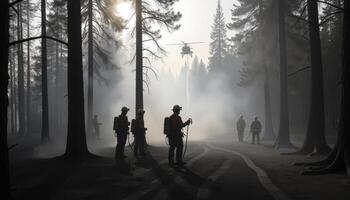 firefighters are standing in front of a fire photo