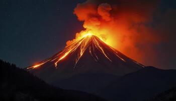 A volcano with a large fire spewing out of it. The sky is dark and the mountain is covered in smoke photo