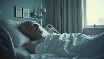Old man alone in hospital bed photo