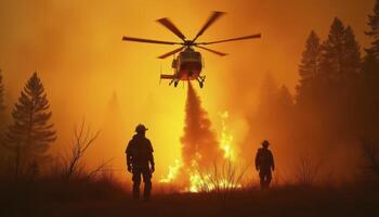 firefighters are standing in front of a fire, with a helicopter spraying water on the flames. The scene is intense and dramatic, with the fire and smoke creating a sense of urgency and danger photo