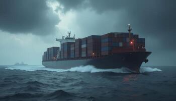 Large cargo ship is sailing in the ocean with storms photo