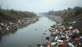 Pollution of the river environment with floating garbage photo