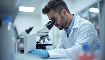 scientists are researching in the lab with a microscope photo
