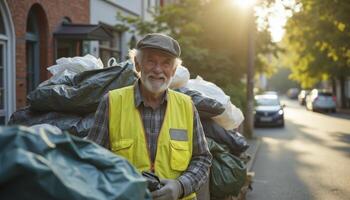 Old garbage man or waste collector smiling with a fully loaded garbage truck in the background photo