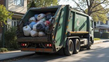 Green garbage truck is making garbage until it is full photo