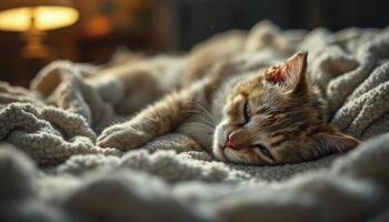 Cat is sleeping on a blanket. cat looks sick and asleep photo