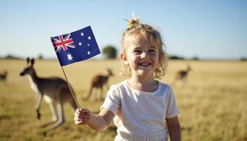 Young girl holding Australian flag with a background of kangaroo scenery photo