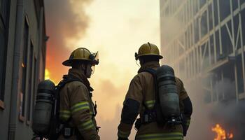 Firefighters with a burning building in the background photo