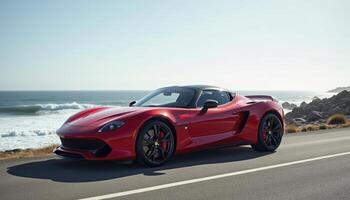 A red sports car is parked on a road next to the ocean. The car is sleek and shiny, and it looks like it's ready to go. The ocean in the background adds a sense of calm and relaxation to the scene photo
