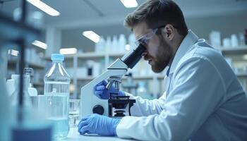 Man in a lab coat is looking through a microscope photo