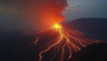 A volcano with a large fire spewing out of it. The sky is dark photo
