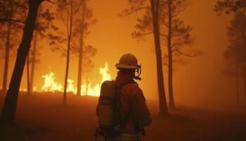 Firefighters with a burning forest in the background photo