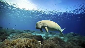 A dugong is swimming in the ocean photo