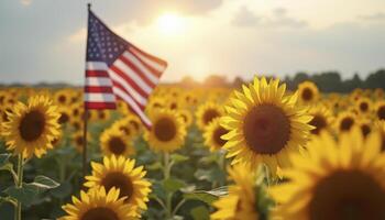 American flag and sunflowers background photo