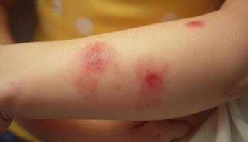 A child has a red rash on their arm. The rash is itchy and uncomfortable photo
