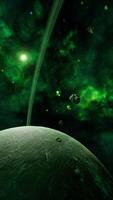 un grande racimo de asteroides cerca un desconocido planeta, vertical video