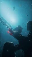 Advanced spaceship exploring a distant asteroid field under strong lighting video
