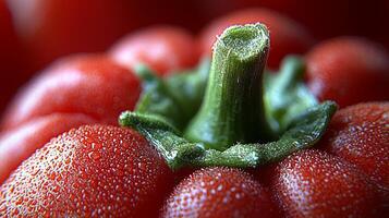 Focusing on rich red hue and smooth surface of fresh bell pepper composition highlights intricate details of stem set against bright white backdrop photo