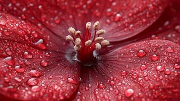 striking red flower displays delicate petals adorned sparkling water droplets. close up reveals intricate patterns and captivating contrast enhances its beauty photo