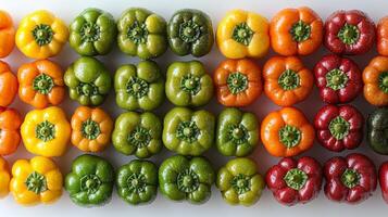 Glossy yellow red orange and green bell peppers are meticulously arranged in square pattern against bright white background photo