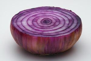 Delicate concentric rings of red onion are displayed vibrant purple gradients. clean white background enhances abstract beauty of its intricate layers photo