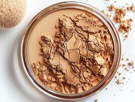 Light beige face powder fills compact showcasing finely milled texture illuminated soft lighting. fluffy puff rests beside it enhancing clean minimal aesthetic photo