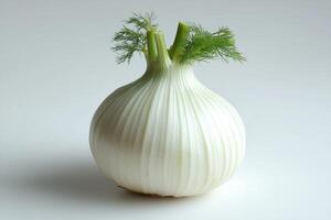 macro view reveals unique layers and textures of fresh fennel bulb highlighting its crisp white exterior and lively green tops while set against minimal background photo