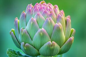 Detailed close up of fresh artichoke reveals intricate textures and patterns in its green and purple leaves enhanced bright white background for visual clarity photo