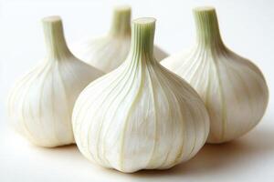 Detailed view of fresh fennel bulb highlights its unique layers and green stalks. clean white background enhances its freshness and distinctive shape inviting culinary inspiration photo