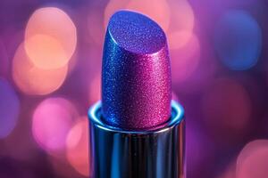 gradient lipstick bullet displays creamy smooth texture shifts from light pink deep purple. soft lighting enhances colors against minimalist background photo