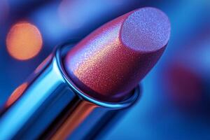 creamy lipstick bullet features stunning gradient from light pink deep purple. Soft lighting enhances its smooth texture against minimalist backdrop creating attractive visual photo