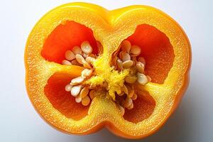 macro view reveals halved yellow bell pepper vivid glossy surface and inner seeds. clean background highlights its cheerful appearance and vibrant color photo