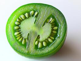 close up reveals halved green tomato highlighting its unique seed formation and translucent juicy texture against plain white backdrop emphasizing its natural allure photo