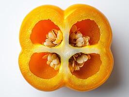 Halved yellow bell pepper displays its vibrant inner layers and seeds intricate textures against clean white backdrop showcasing beauty of fresh produce photo