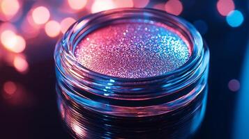 macro view showcases holographic eyeshadow compact featuring shifting colors of pink blue and silver photo