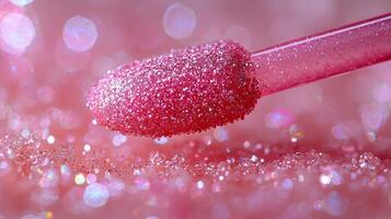 close up of lip gloss applicator showcases clear gloss infused tiny glitter particles. gloss sparkles and reflects light against clean white background for elegant look photo
