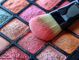 close up view reveals vibrant powder palette featuring array of shades ideal for various skin tones. blending brush rests on palette enhancing colors against bright background photo