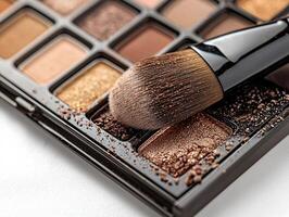 Close up view of powder palette displaying range of flattering shades for different skin tones. blending brush rests on palette enhancing elegant arrangement of hues photo