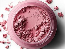 delicate pinkish fair face powder rests in glossy round case. fine texture and satin finish reflect light beautifully against minimalist white background enhancing its elegance photo