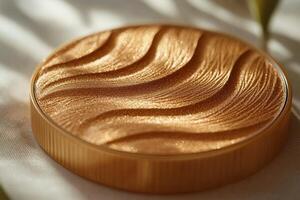Pressed powder featuring golden undertones sits elegantly on soft beige surface. Its smooth texture is enhanced subtle embossed pattern creating luxurious aesthetic photo