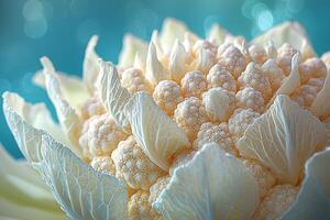 close up view highlights single cauliflower floret detailed and textured surface. creamy white color stands out beautifully against soft background emphasizing its organic form photo