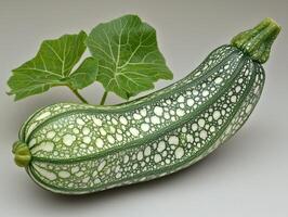 macro display highlights single fresh zucchini dark green skin and delicate stripes. clean backdrop emphasizes its natural form and rich color perfect for culinary use photo