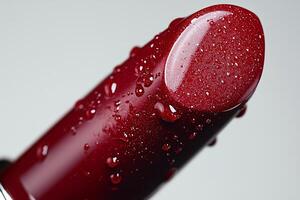 striking deep crimson red lipstick displays smooth and creamy texture reflections of light. clean white background highlights vibrant color and details of lipstick photo