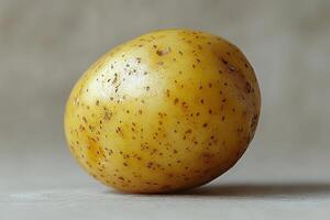macro capture presents golden potato emphasizing its rough texture and unique blemishes against clean white backdrop showcasing beauty of natural produce photo