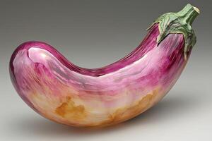 single glossy eggplant stands upright on clean white background. Soft lighting enhances smooth surface and curve of vegetable showcasing its rich colors photo