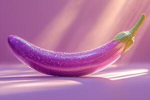 single glossy eggplant stands upright against crisp white backdrop. Soft lighting beautifully accentuates its deep purple hue and delicate curve making vibrant colors pop photo