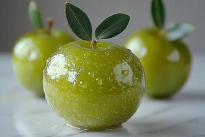 glossy green olive sits prominently against white background showcasing subtle wrinkles and visible pimento filling through its opening photo